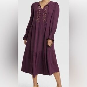 Knox Rose tiered balloon sleeve embroidered maxi dress deep plum  Bohemian